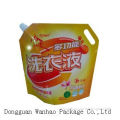 Liquid laundry detergent packaging bag with handle and spout